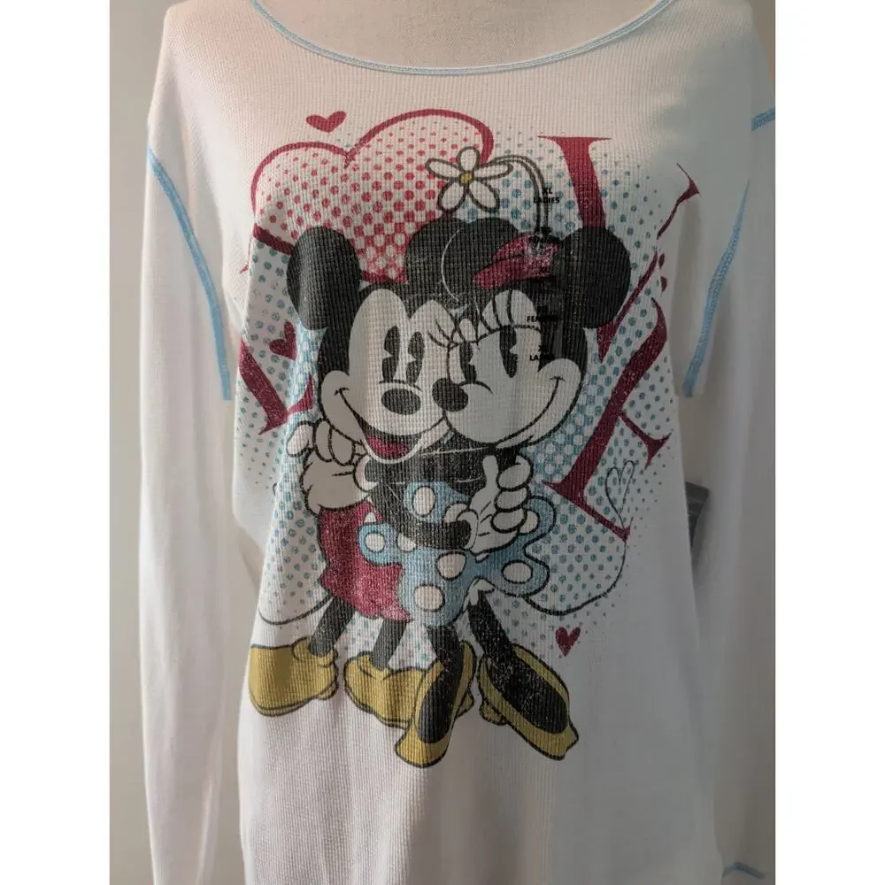 Women's Disney Japan Mickey & Minnie LOVE Shirt XL White Long Sleeve thermal NEW - Picture 2 of 11